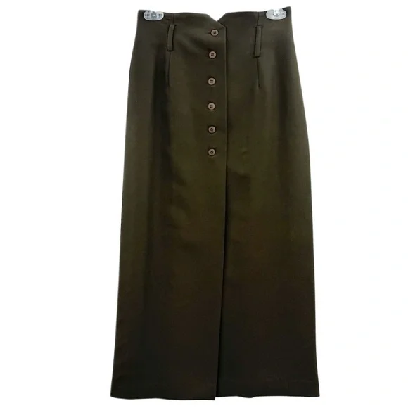 Vintage 90s Olive Green Button Front Midi Skirt High Waist Tailored Minimalist - Picture 3 of 15